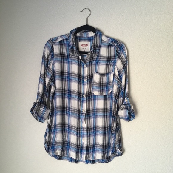 Mossimo Blue Plaid Button Down Shirt L - Picture 2 of 7